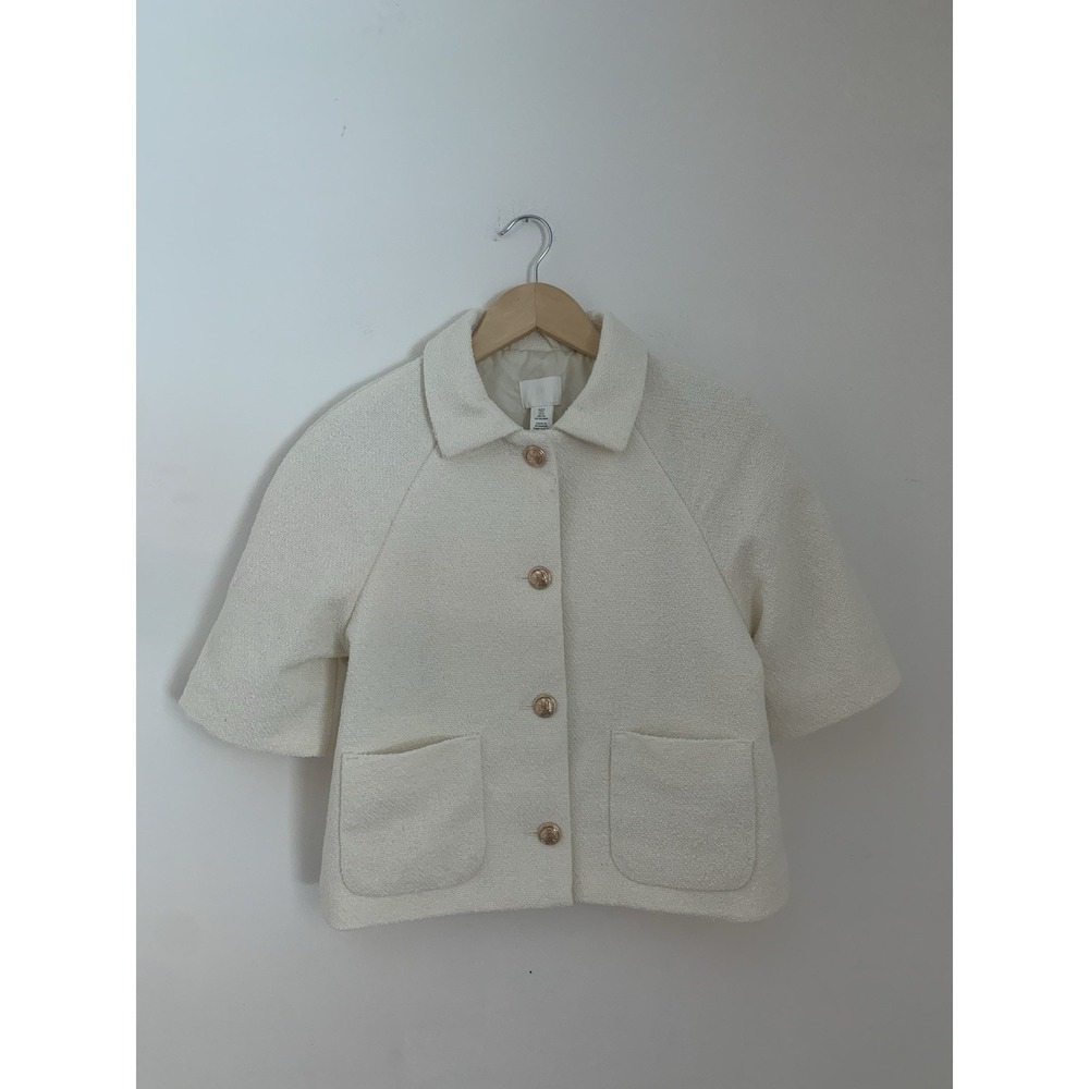 H&M Short Sleeve Jacket Sz S Cream Textured Pockets Collar Gold Metal Buttons
